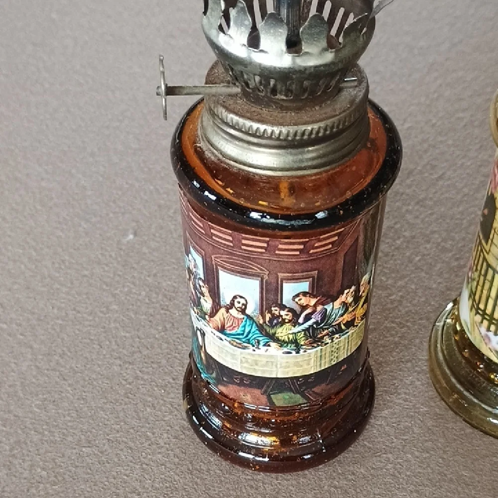 Vintage Amber and Pale Yellow Glass Mini Oil Lanterns with Religious Panels